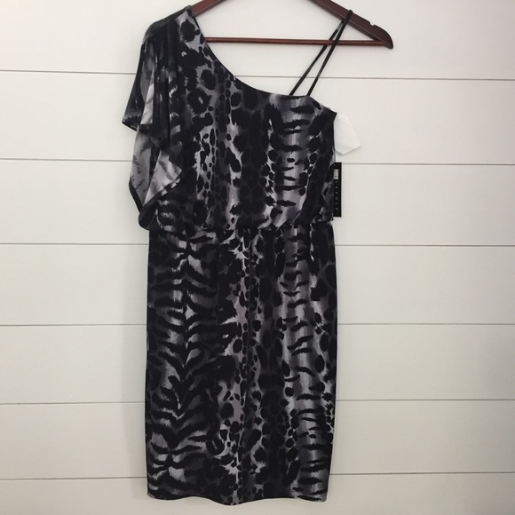 NWT Black & Grey Animal Print One Shoulder Dress - Picture 5 of 8